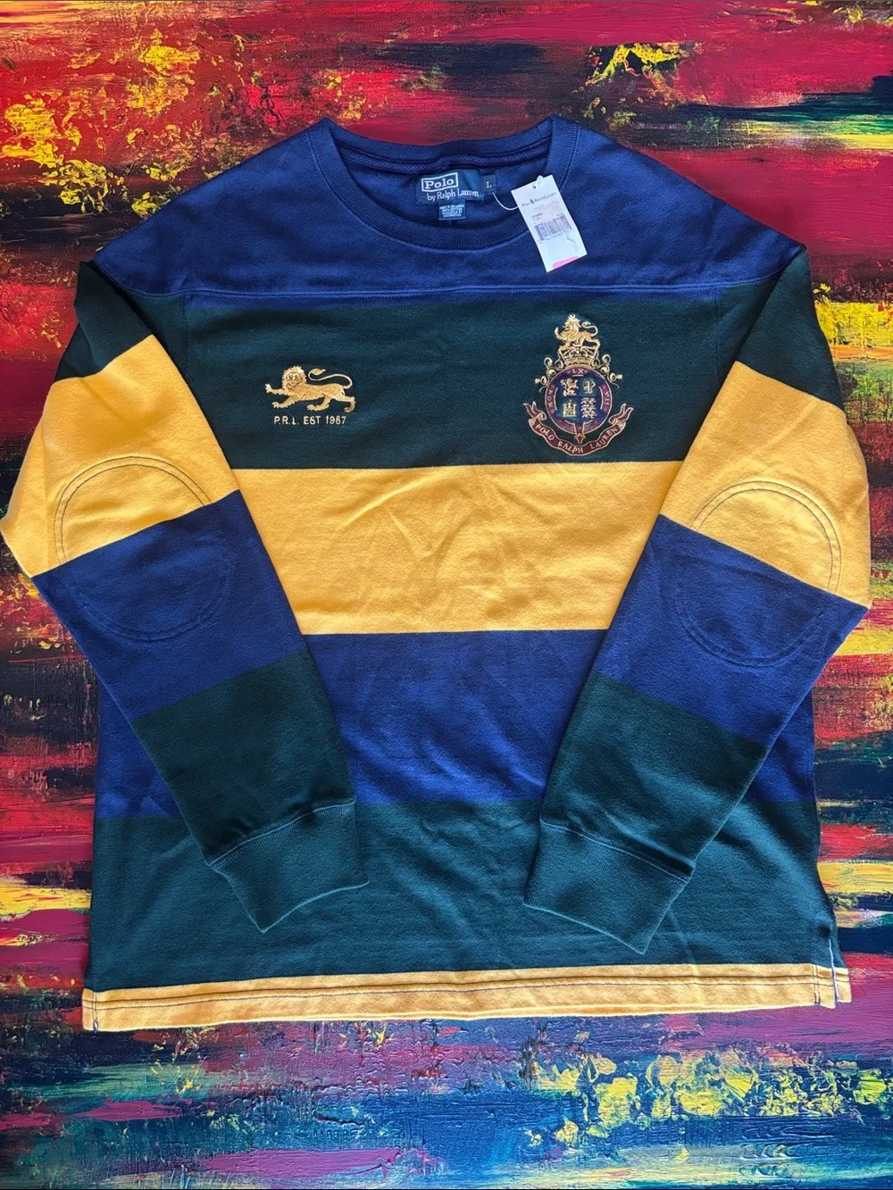 Ralph Lauren Polo Rugby Long-Sleeve Stripe Crewneck - Navy, Green, Yellow - Picture 1 of 12